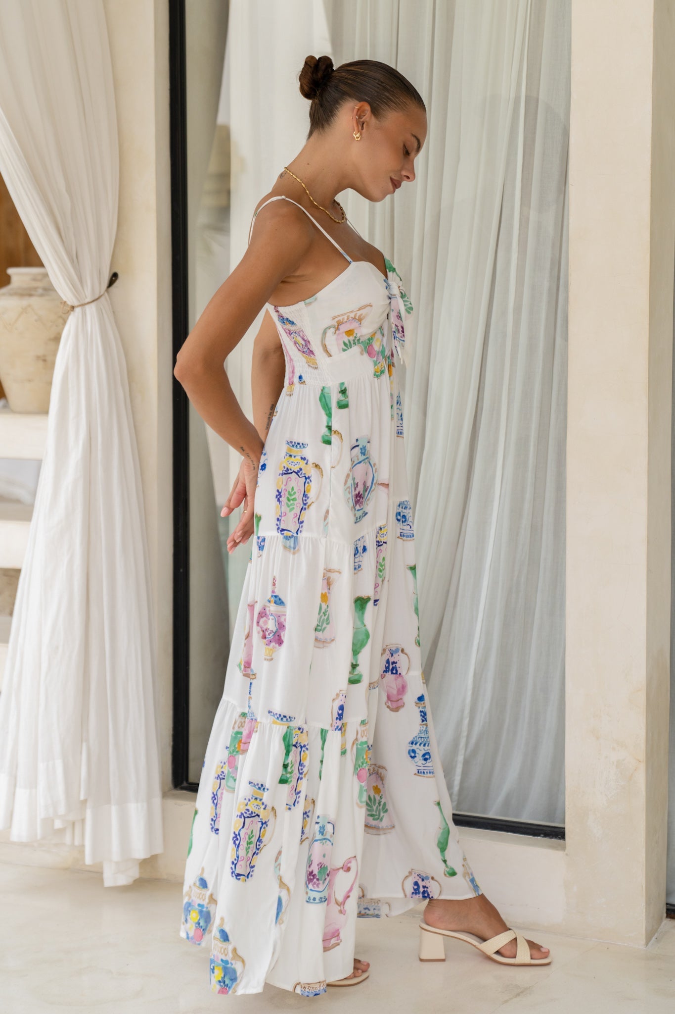 Heychic Elysiana Multicolour Abstract Tie Detail Tiered Maxi Dress (Multi)