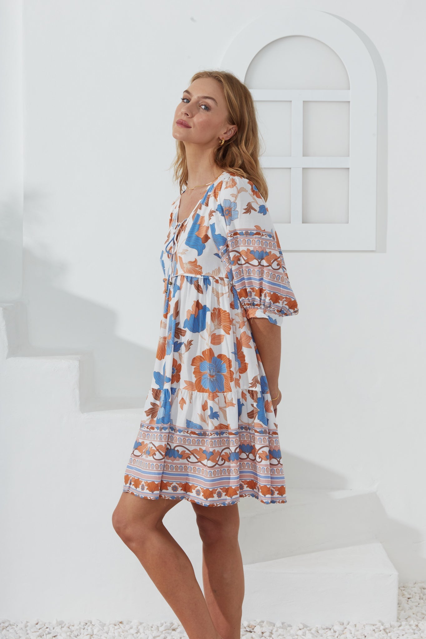 Heychic Sophia Blue Floral Boho Mini Dress (Orange)