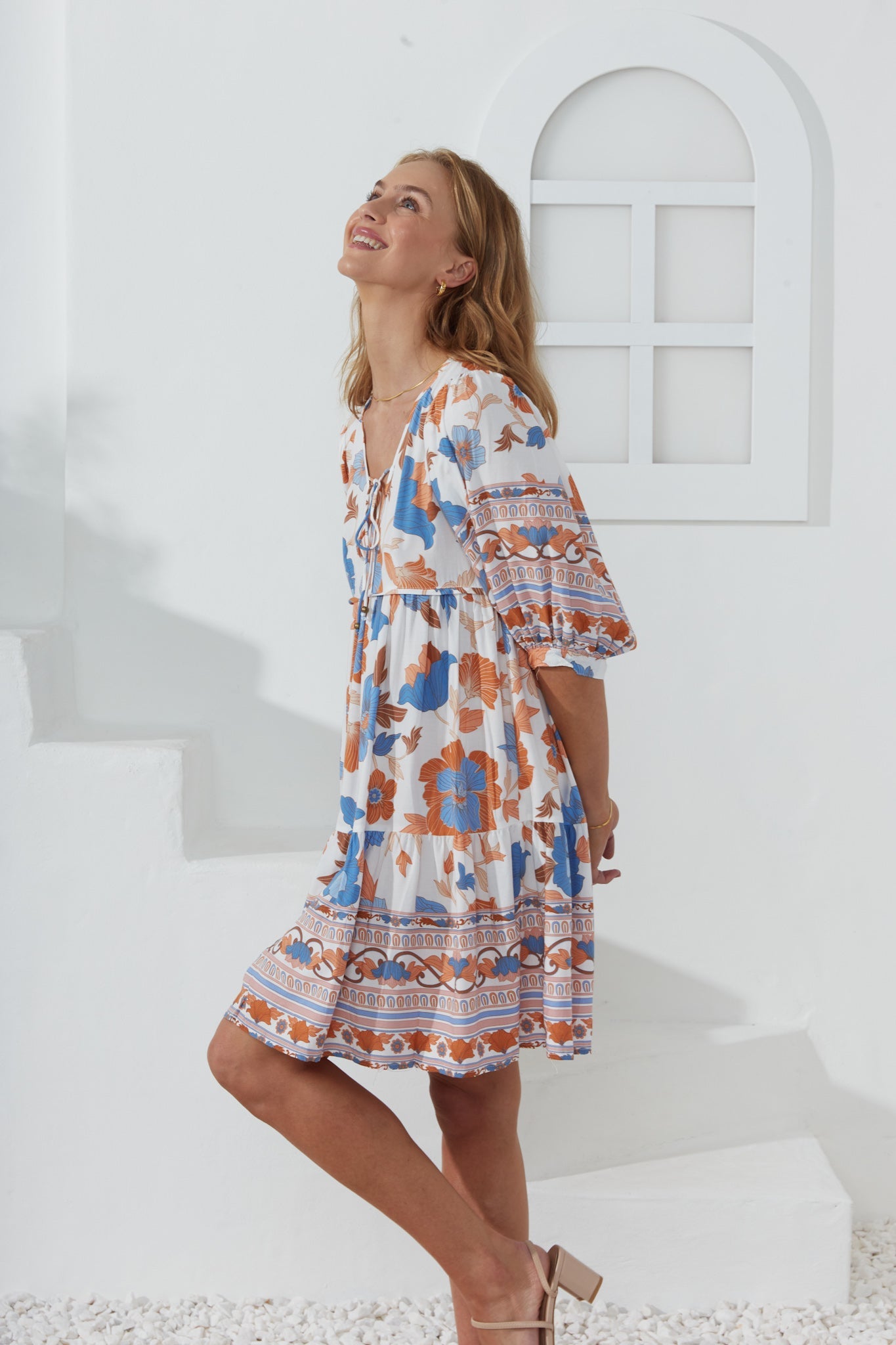 Heychic Sophia Blue Floral Boho Mini Dress (Orange)