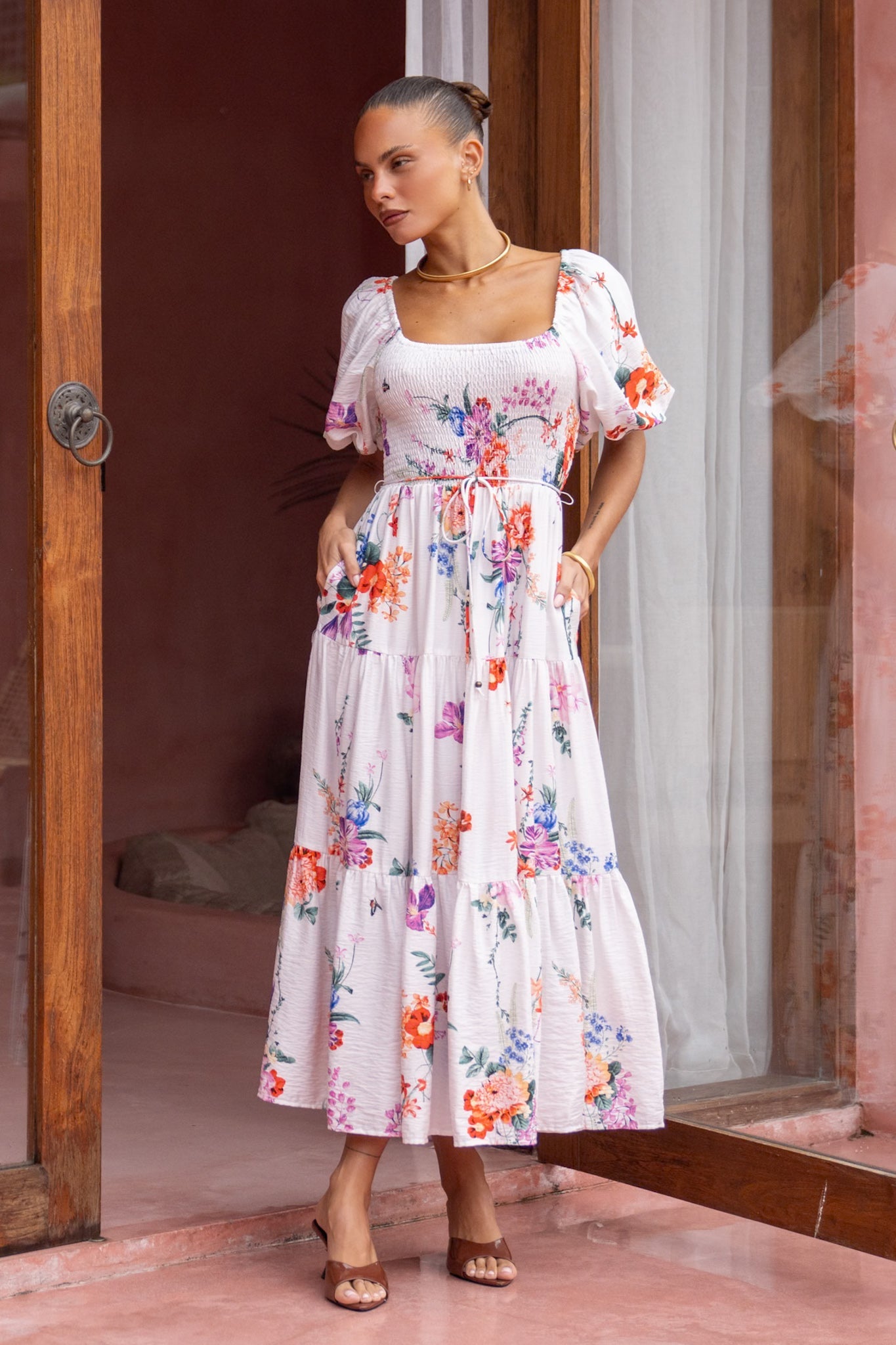 HEYCHIC Lorelai Multicolour Floral Puff Sleeve Midi Dress (Multi)
