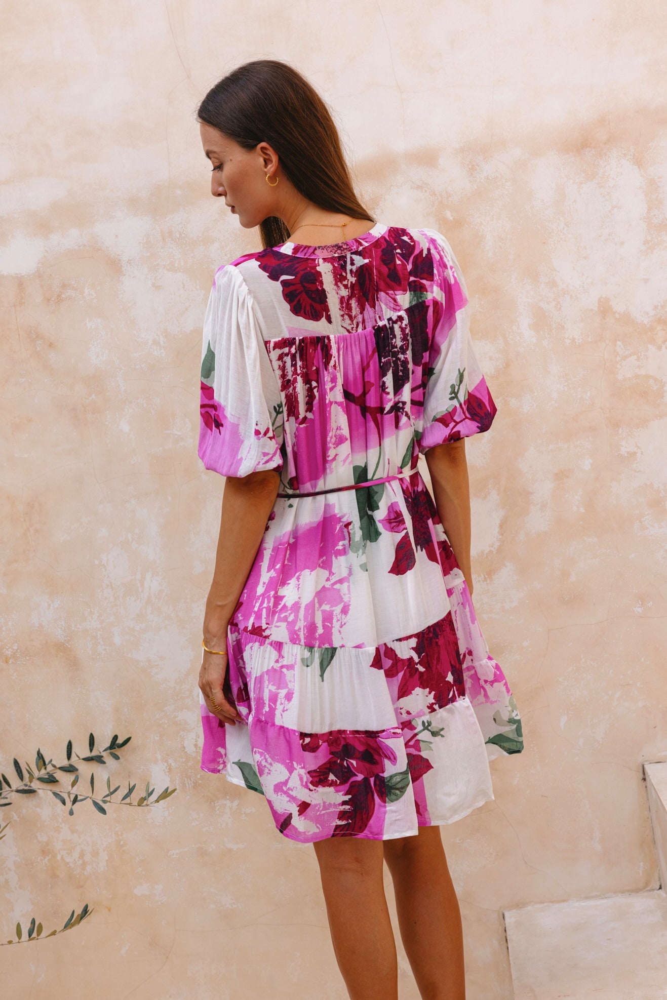 Heychic Roselyn Floral Tiered Button Down Mini Dress (Pink)