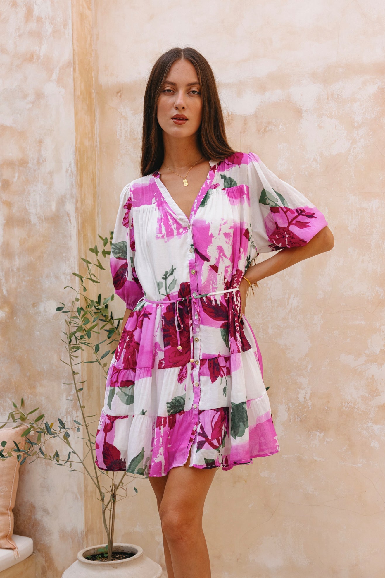 Heychic Roselyn Floral Tiered Button Down Mini Dress (Pink)
