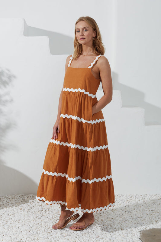 Heychic Kalliope White Ric Rac Tiered Maxi Dress (Tan)
