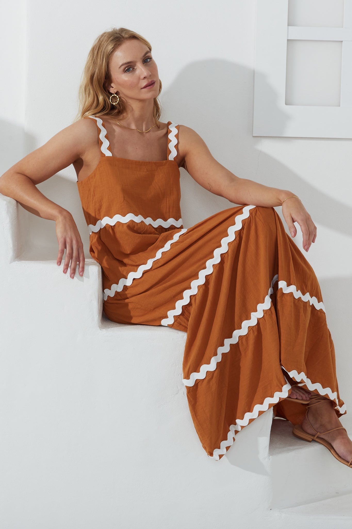 Heychic Kalliope White Ric Rac Tiered Maxi Dress (Tan)