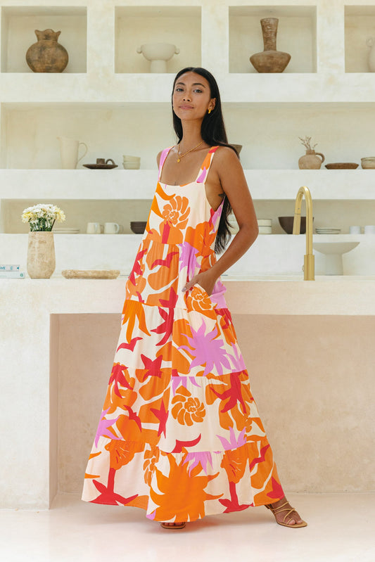 Heychic Calinda Abstract Tiered Maxi Dress (Orange)