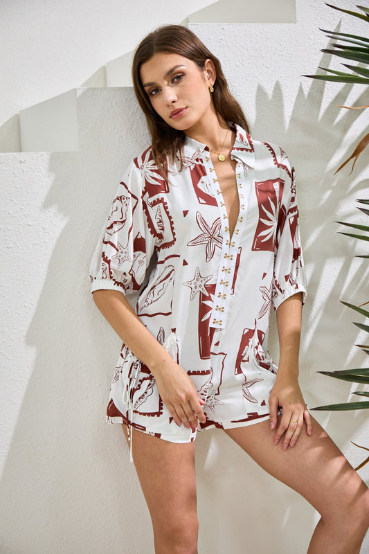 Heychic Mira Sea Shells Tropical Playsuit (Brown)