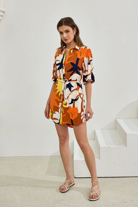 Heychic Esmeralda Abstract Belted Mini Dress (Orange)