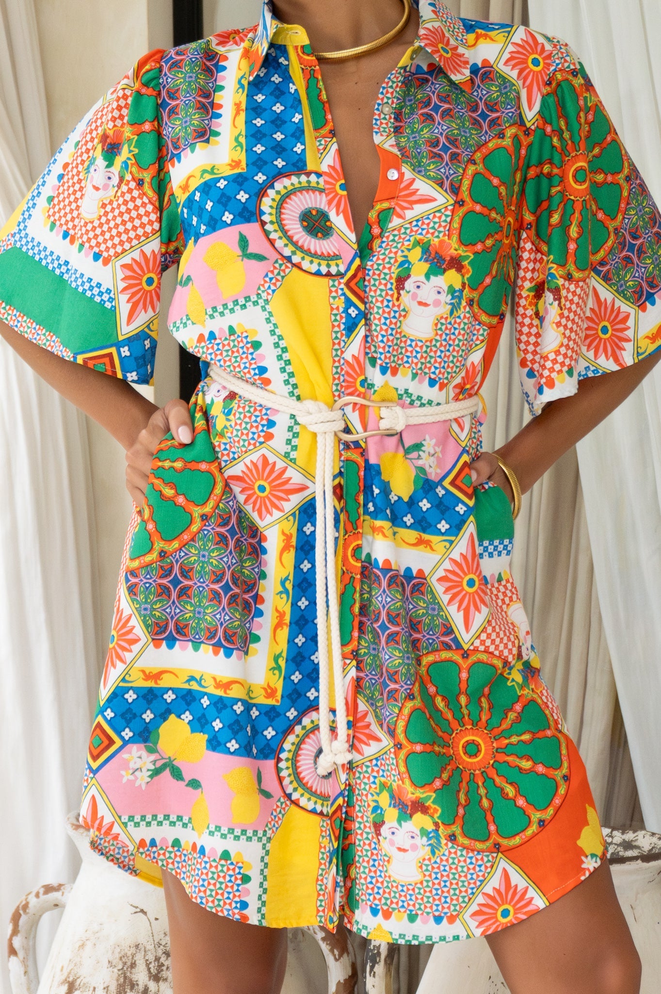 Heychic Allegra Multicolour Patchwork Belted Mini Dress (Multi)