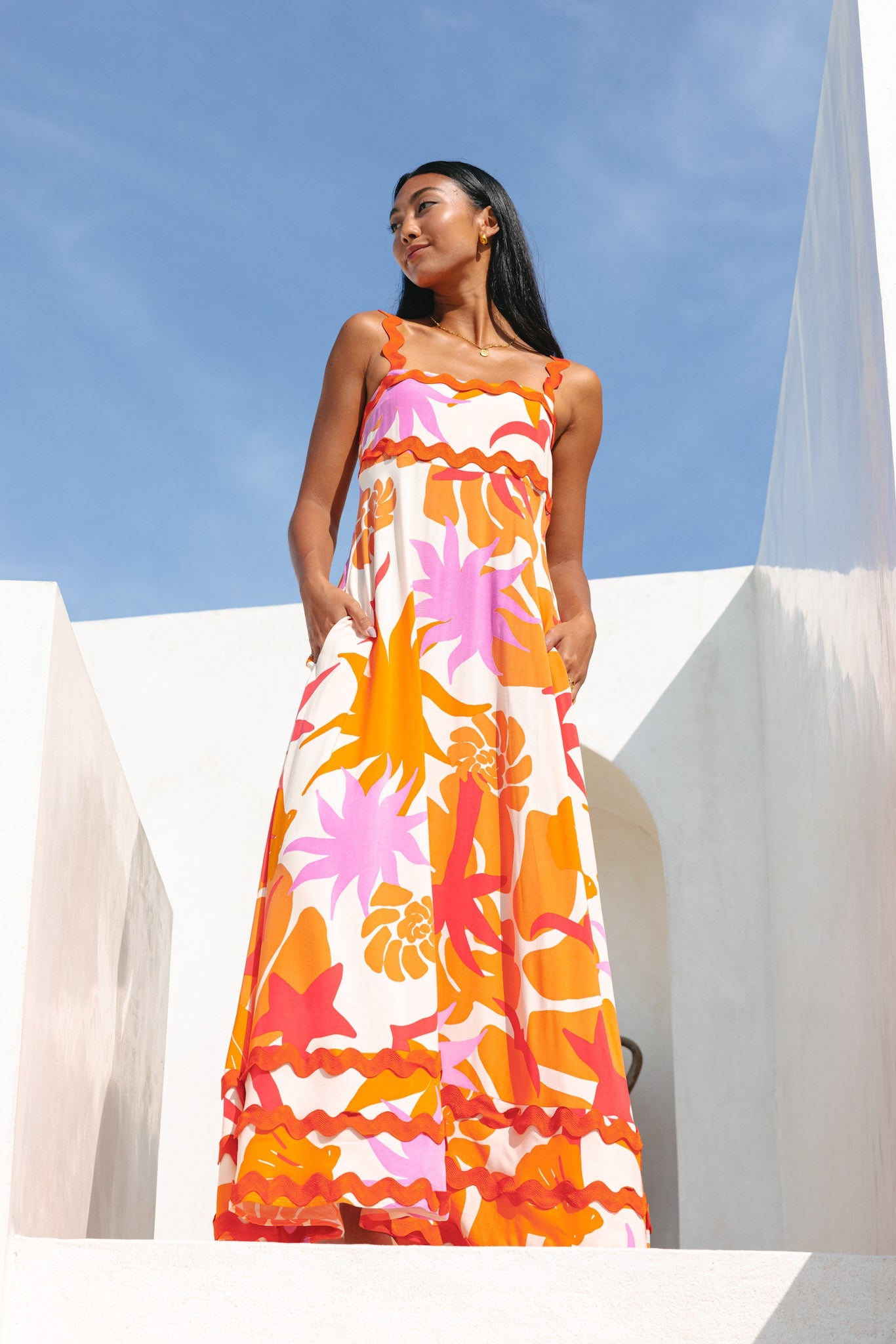 Heychic Calinda Abstract Ric Rac Maxi Dress (Orange)