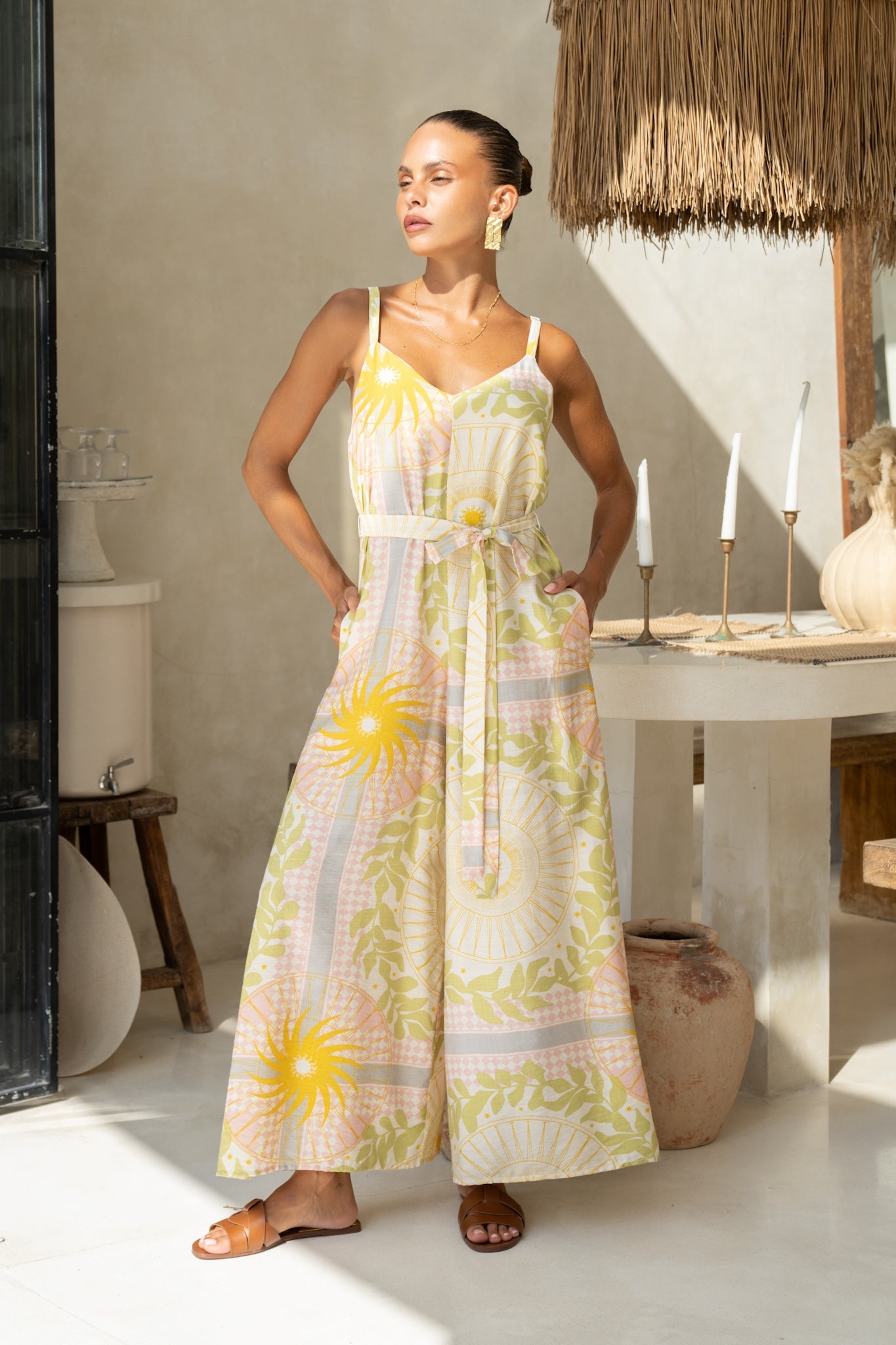 Image of a model wearing Outerwear. Productname: Heychic Aurea Pink Abstract Jumpsuit in Yellow colour by brand - Heychic