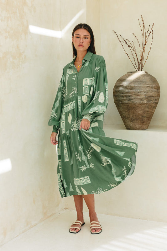 Heychic Verda Tropical Long Sleeve Midi Dress (Green)