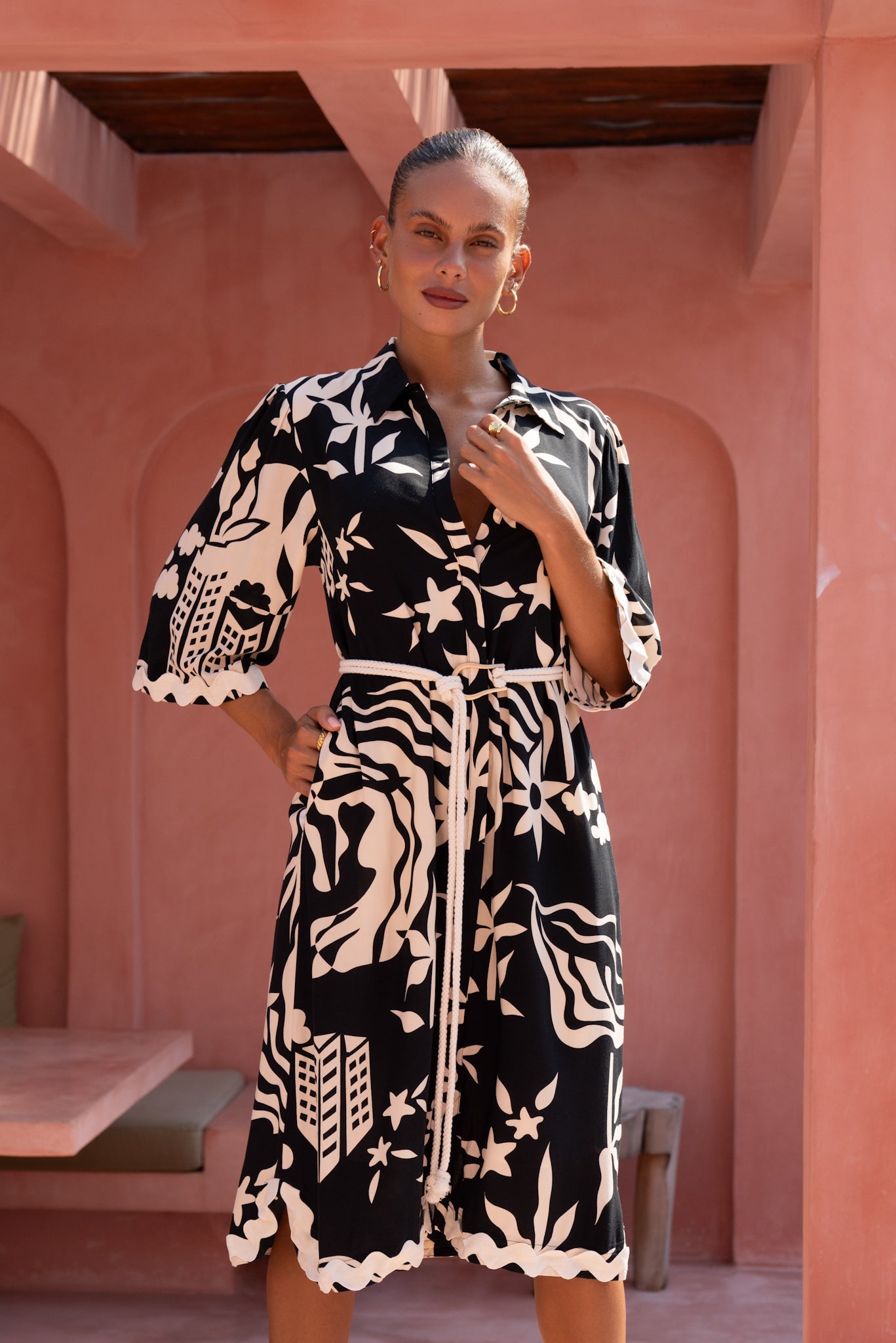 Heychic Cali Abstract Ric Rac Midi Dress (Black)