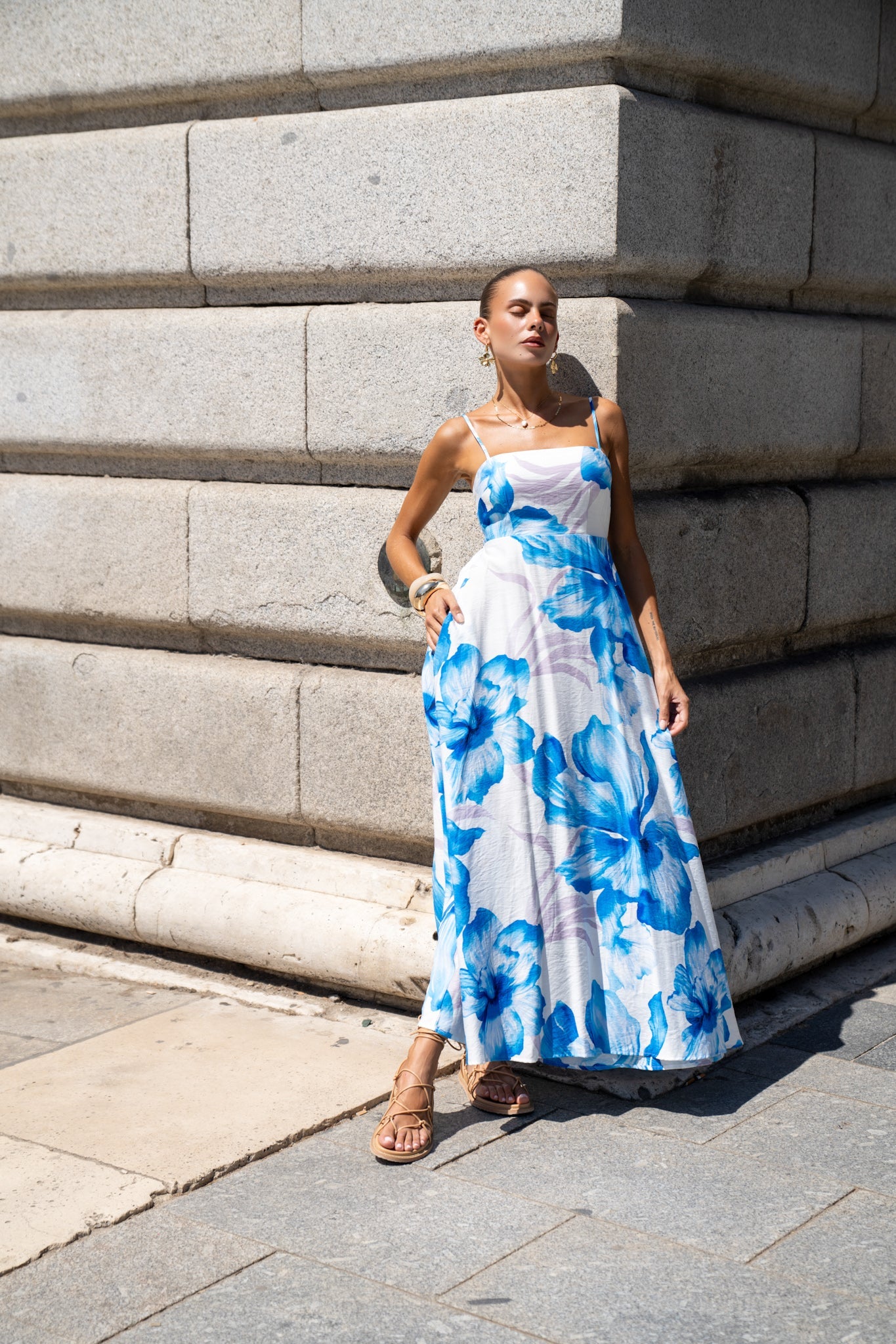 HEYCHIC Aiselle Floral Flared Maxi Dress (Blue)
