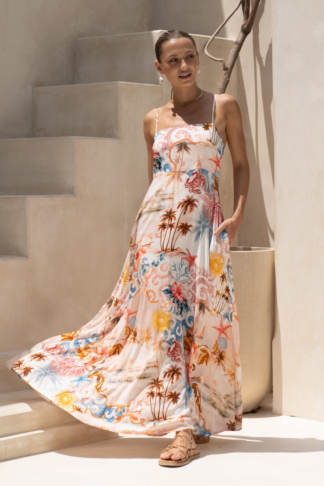 HEYCHIC Lumeia Tropical Flared Maxi Dress (Pink)