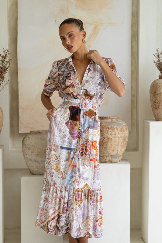 Heychic Kasia Lilac Abstract Belted Midi Dress (Beige)