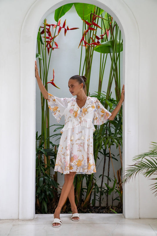 Heychic Emmeline Yellow Ruffle Mini Dress (Floral)