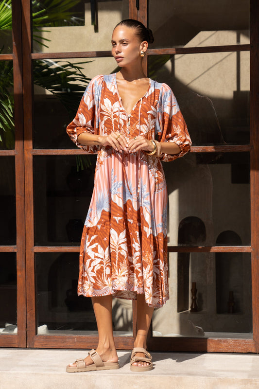 Heychic Nari Rust Tropical Volume Sleeve Midi Dress (Brown)