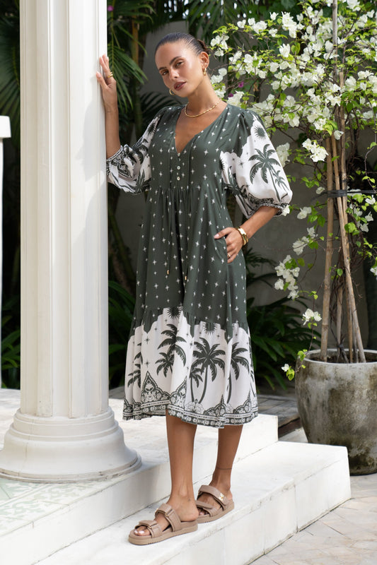 Heychic Arletta Tropical Volume Sleeve Midi Dress (Green)