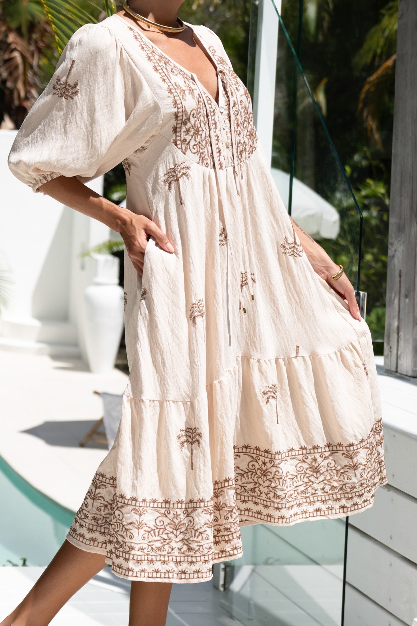 Heychic Kaena Tropical Embroidered Volume Sleeve Midi Dress (Brown)
