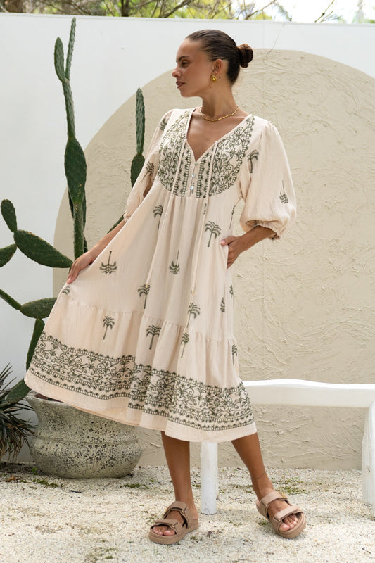 Heychic Kaena Green Tropical Embroidered Volume Sleeve Midi Dress (Beige)