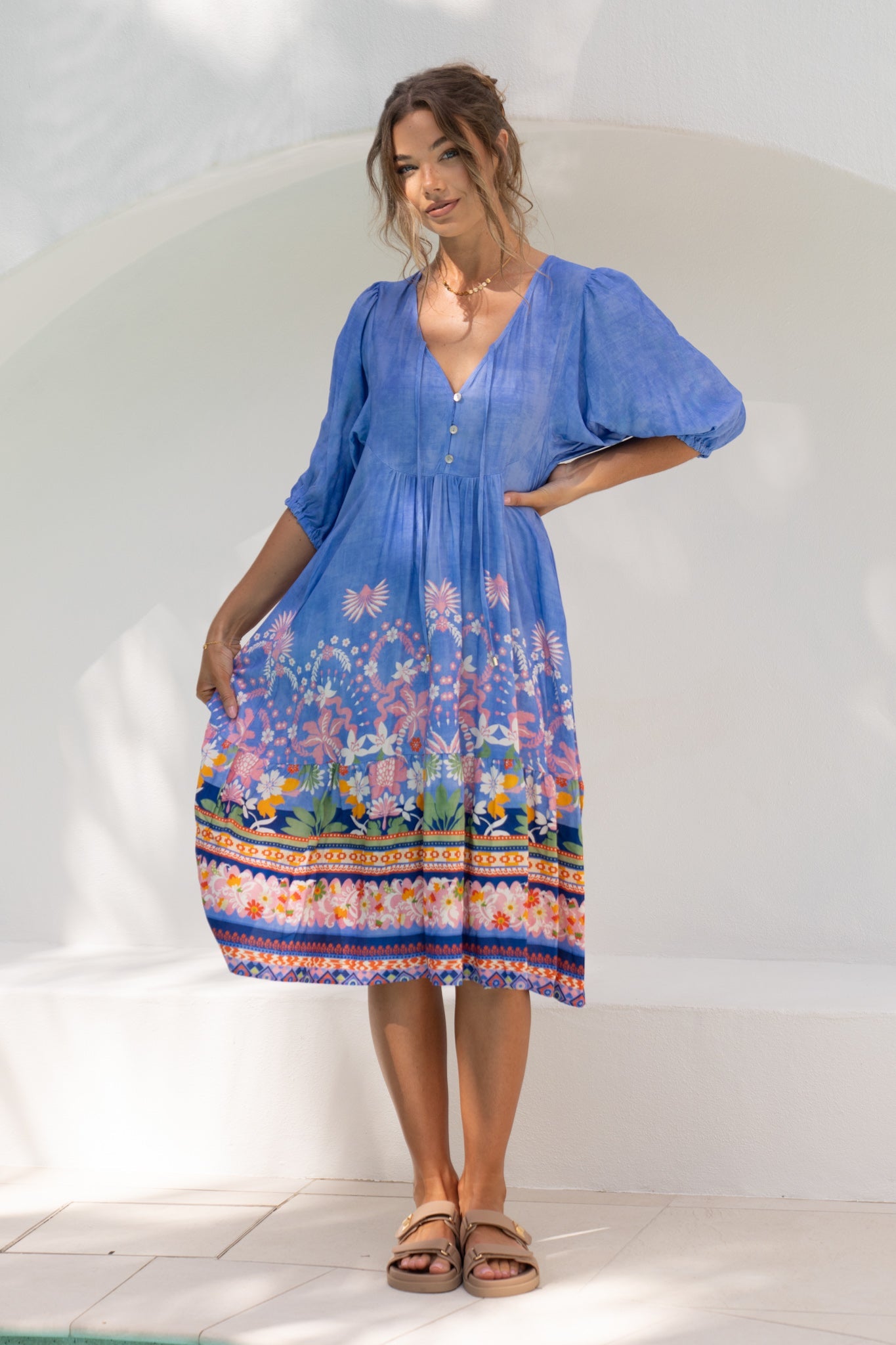 Heychic Indira Boho Volume Sleeve Midi Dress (Blue)