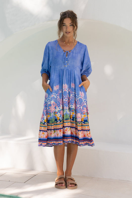 Heychic Indira Boho Volume Sleeve Midi Dress (Blue)