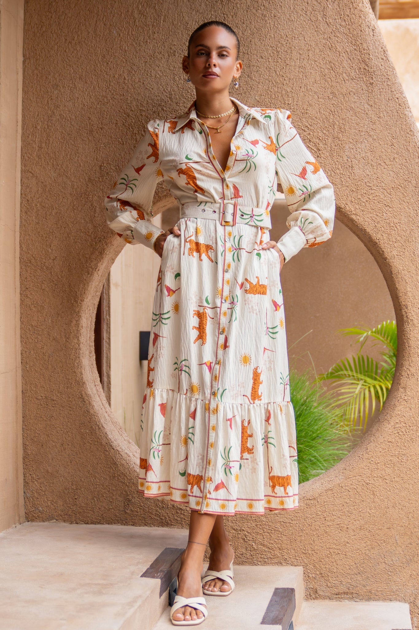 Heychic Kaya Tiger Abstract Long Sleeve Belted Maxi Dress (Orange)