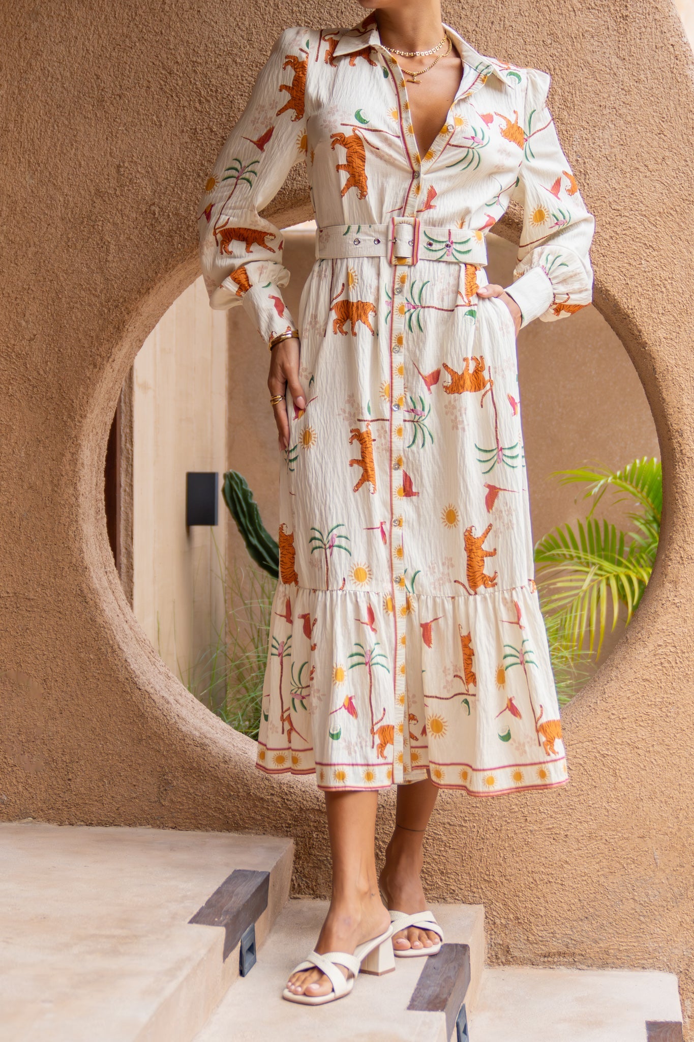 Heychic Kaya Tiger Abstract Long Sleeve Belted Maxi Dress (Orange)