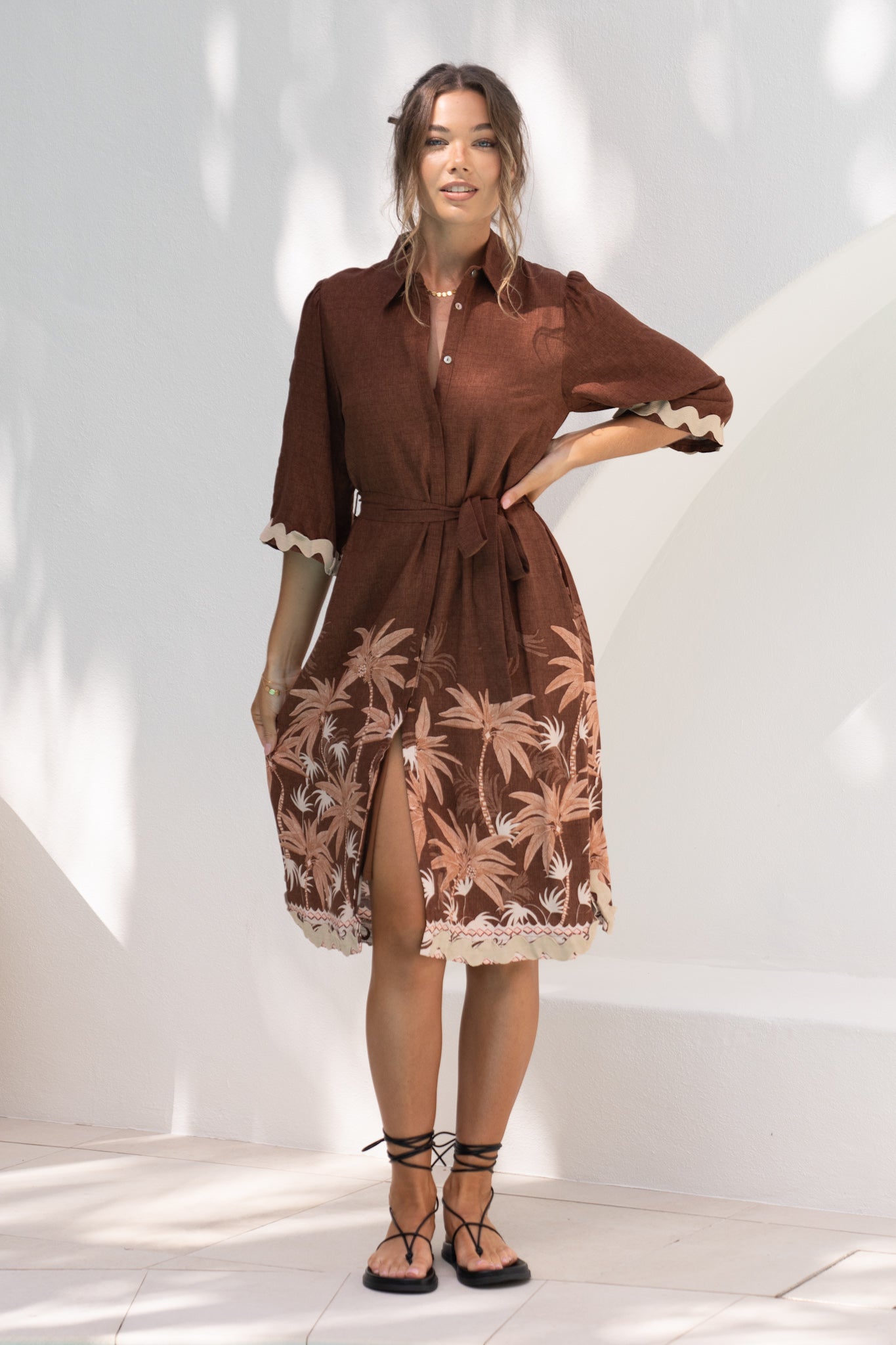 Image of Dresses. Productname: Heychic Eriselle Tropical Ric Rac Midi Dress in Brown colour by brand - Heychic