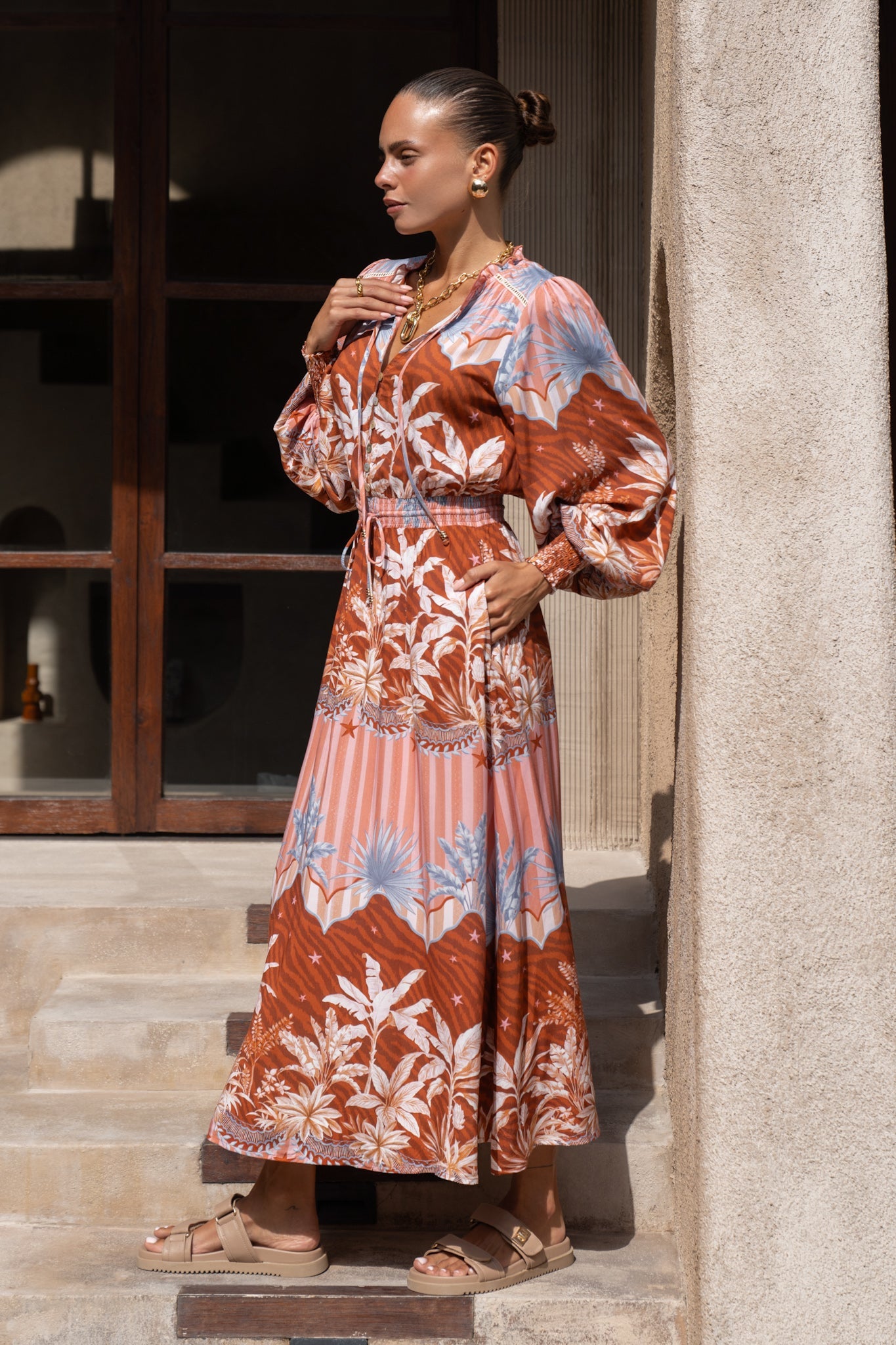 Heychic Nari Rust Tropical Long Sleeve Button Maxi Dress (Brown)