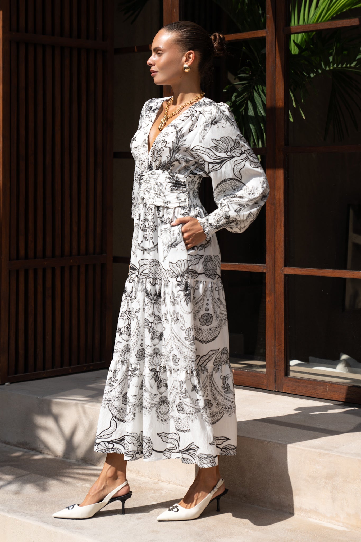Heychic Adeline Floral Long Sleeve Tiered Maxi Dress (Black)