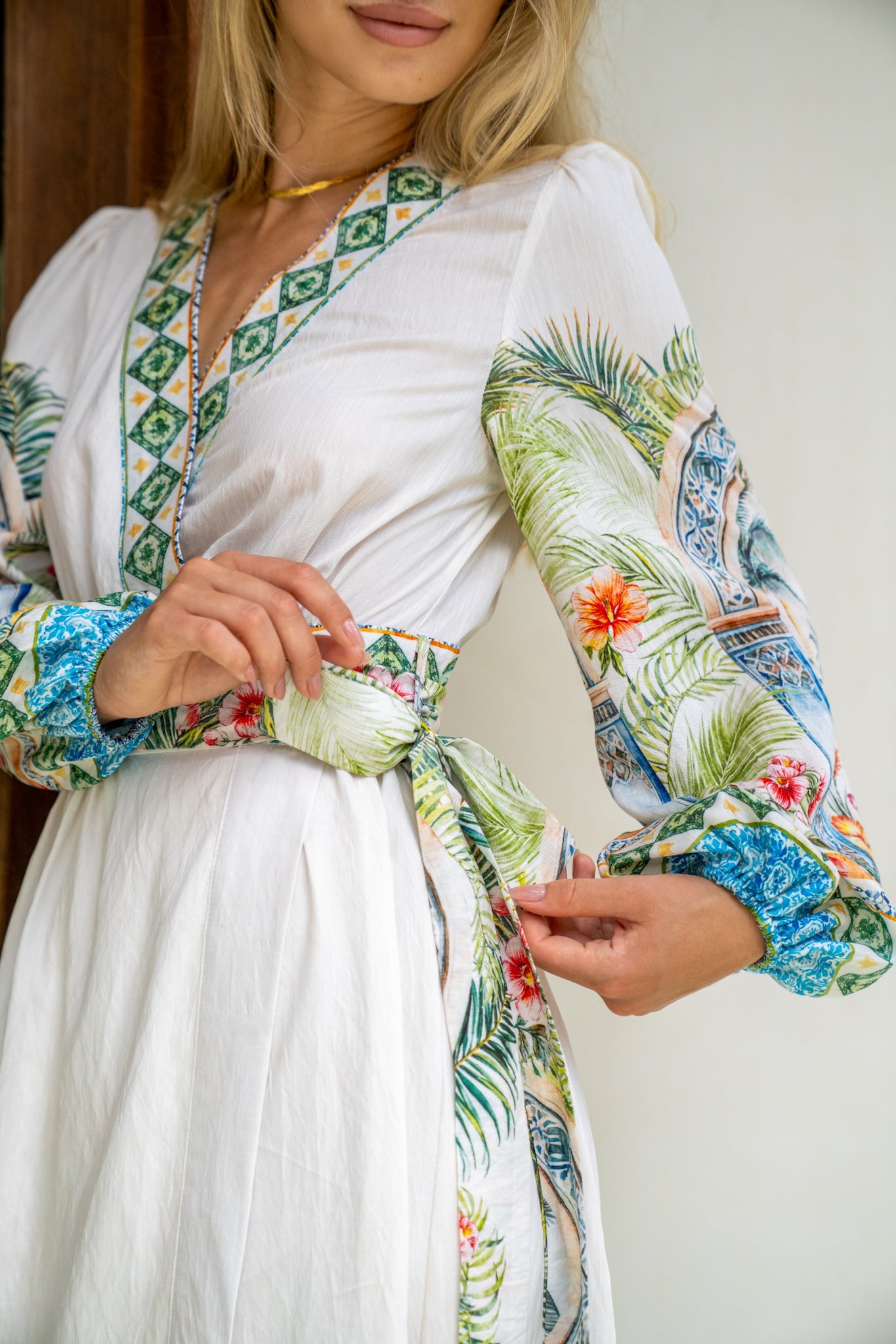 Heychic Ciela Tropical Long Sleeve Wrap Maxi Dress (Green)