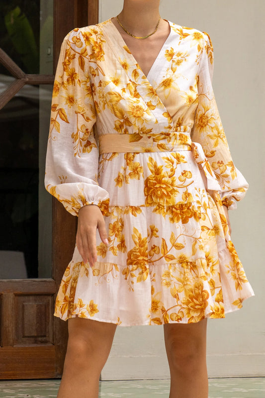 Heychic Fiorella Yellow Wrap Mini Dress (Floral)