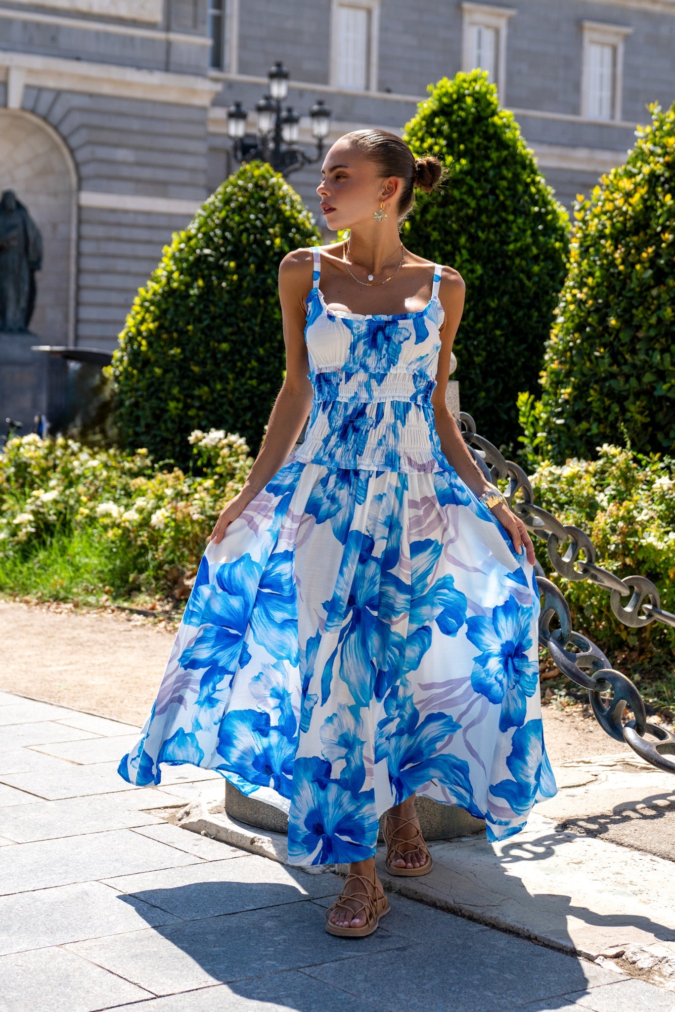 HEYCHIC Aiselle Floral Ruched Detail Maxi Dress (Blue)