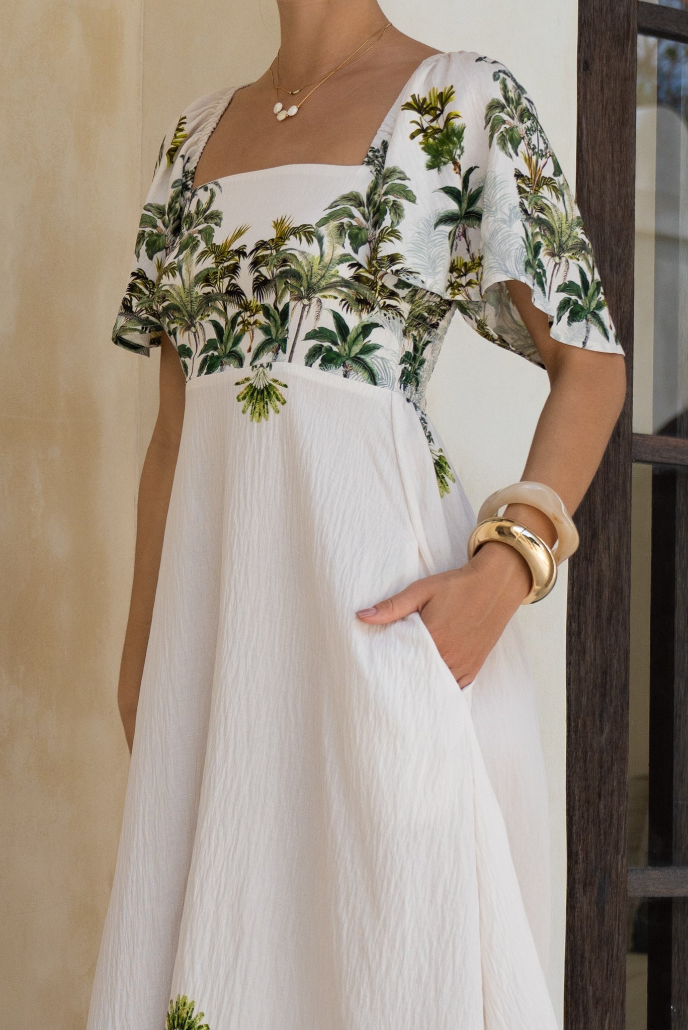 HEYCHIC Sabina Tropical Flared Sleeve Maxi Dress (Green)