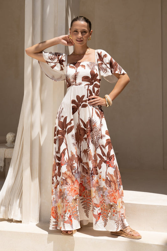 HEYCHIC Kailah Tropical Flared Sleeve Maxi Dress (Brown)