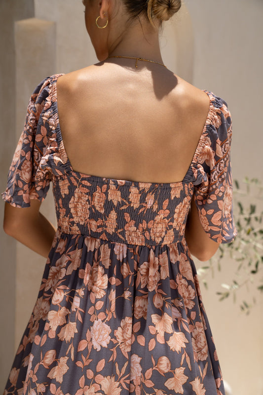 HEYCHIC Amarante Navy Peach Floral Boho Flared Sleeve Maxi Dress (Red)