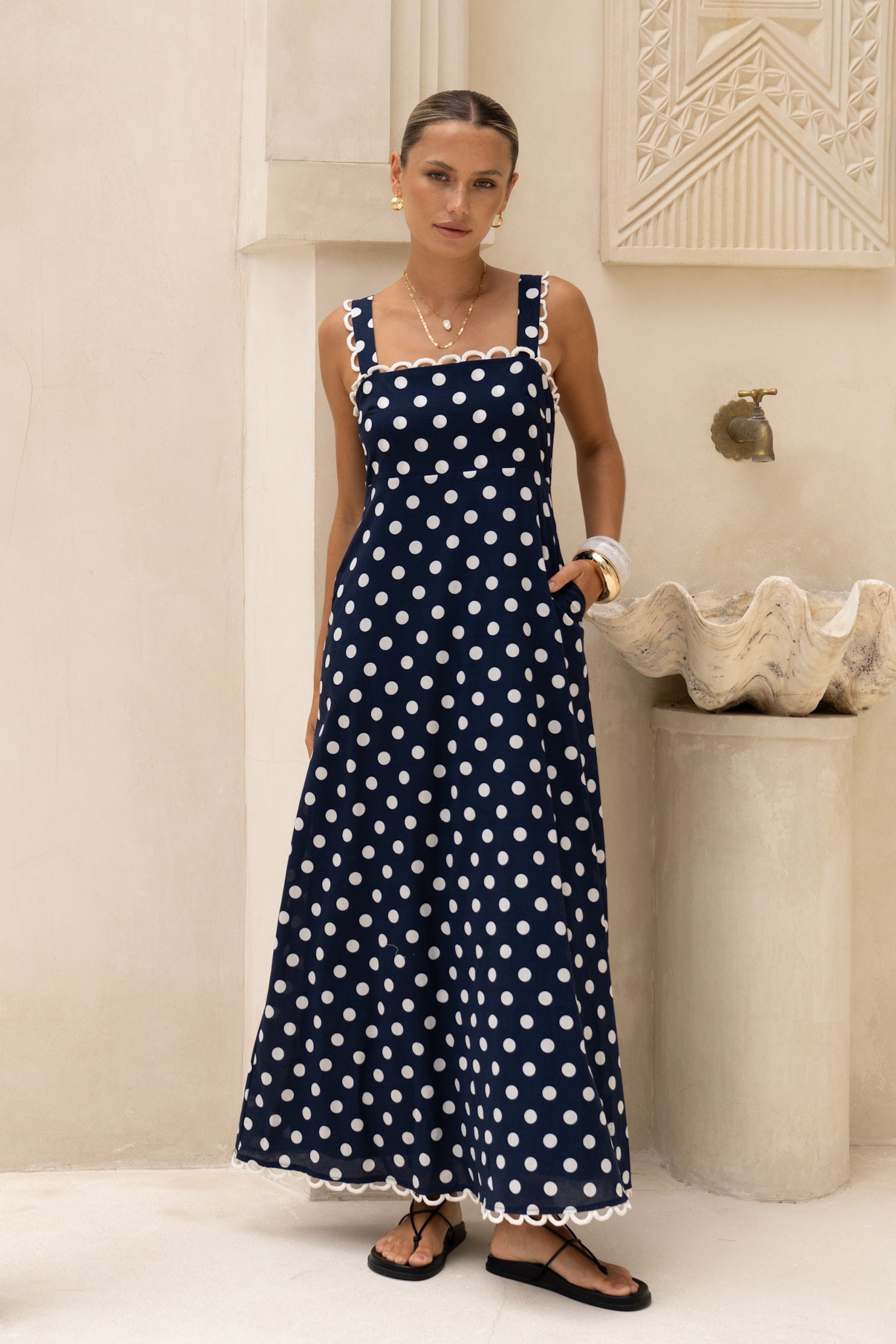 HEYCHIC Cindy Navy White Polka Dot Maxi Dress (Blue)