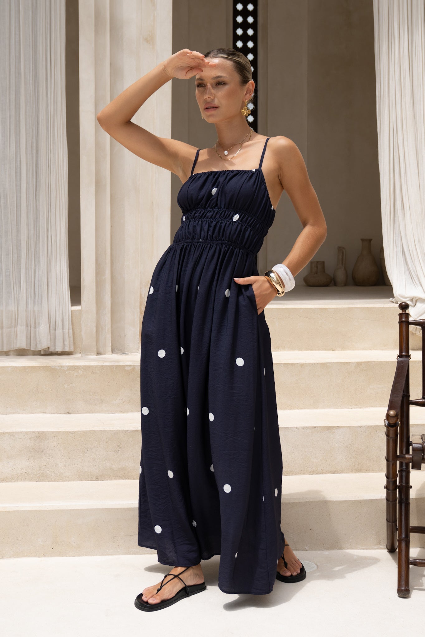 HEYCHIC Lina Navy White Polka Dot Ruched Bodice Maxi Dress (Blue)