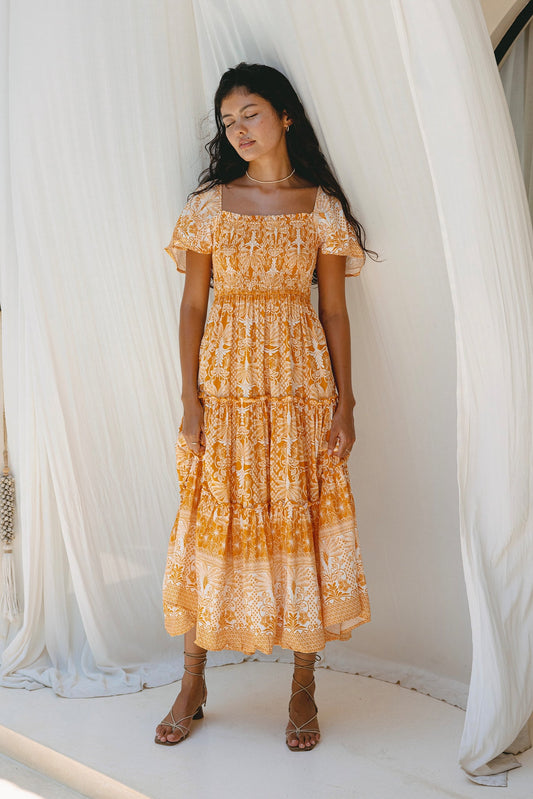 Heychic Marigold Yellow Boho Tiered Midi Dress (Orange)
