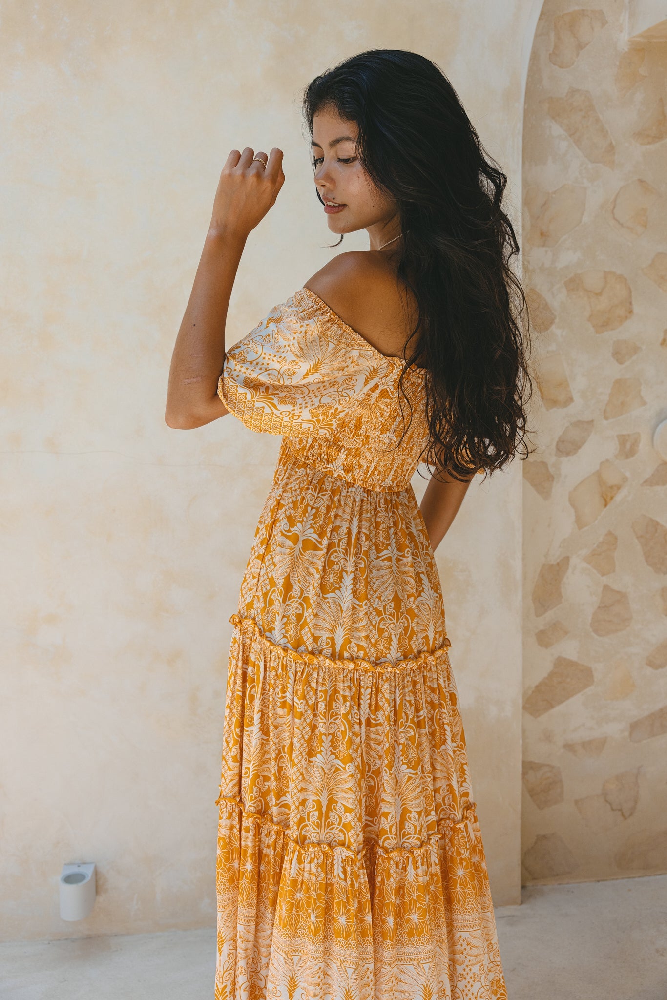 Heychic Marigold Yellow Boho Tiered Midi Dress (Orange)