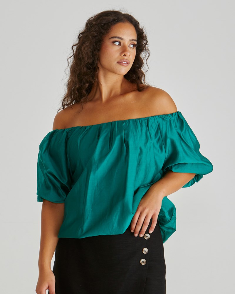Image of a model wearing Tops. Product name - Sofie Off Shoulder Top Sea Green in Sea Green colour by brand - Sass Clothing