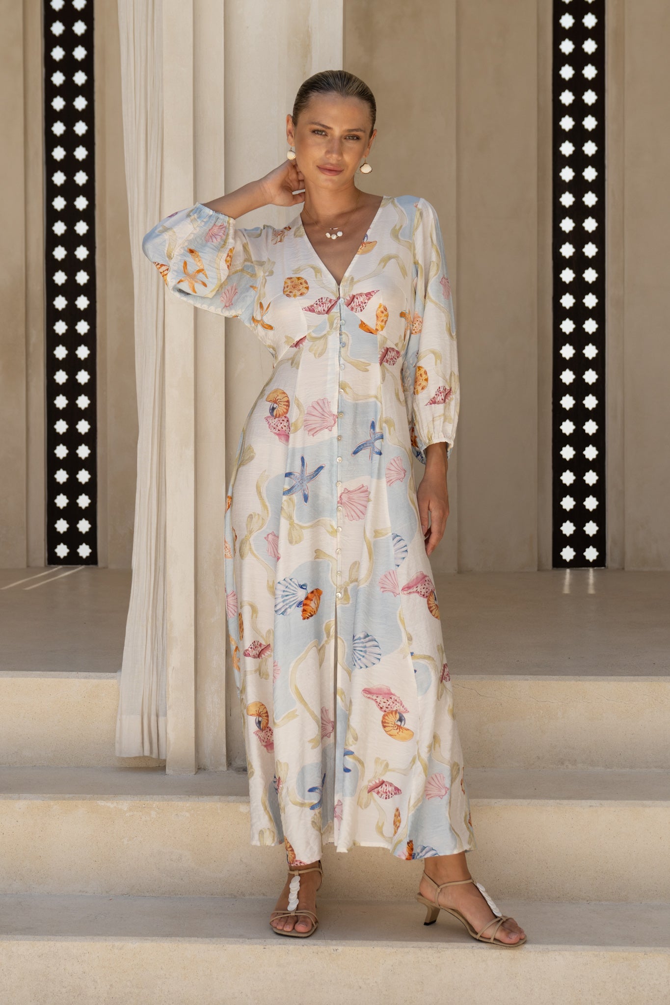 HEYCHIC Neri Shells Multicolour Abstract Button Maxi Dress (Multi)