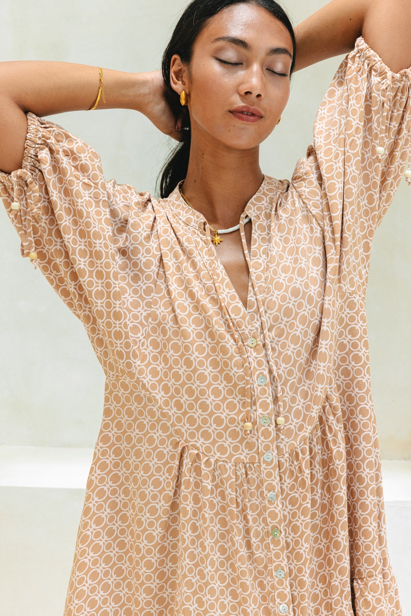 Heychic Cyra Geo Button Down Mini Dress (Beige)
