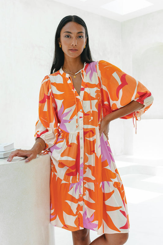 Heychic Calinda Abstract Button Down Mini Dress (Orange)