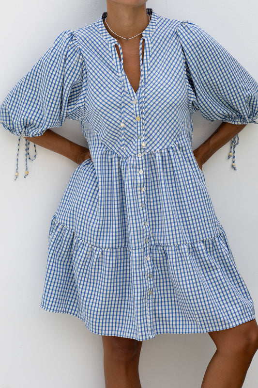 Heychic Emilia Gingham Button Down Mini Dress (Blue)