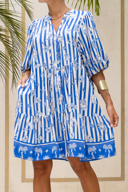Heychic Nerina Abstract Stripe Button Down Mini Dress (Blue)