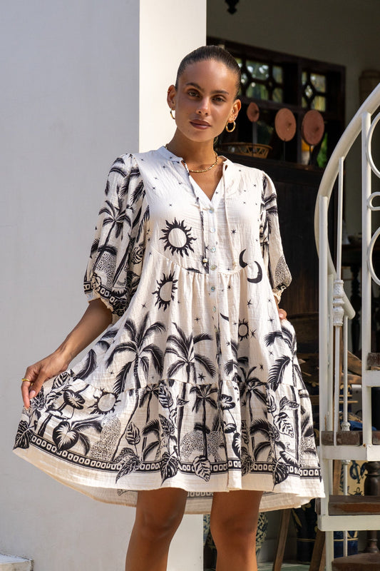 Heychic Savani Black Tropical Button Down Mini Dress (Beige)