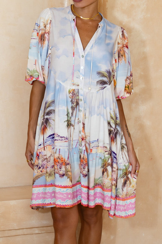 Heychic Saint Tropez Multicolour Tropical Button Down Mini Dress (Multi)