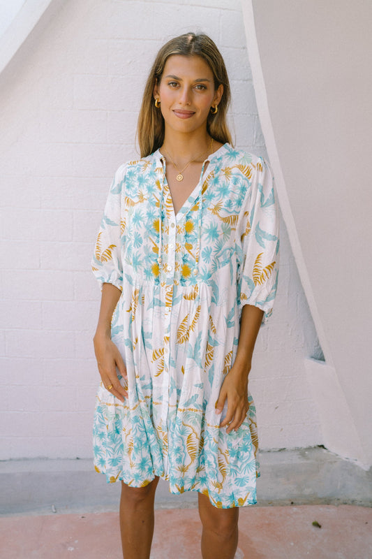 Heychic Wisteria Floral Boho Button Down Mini Dress (Blue)